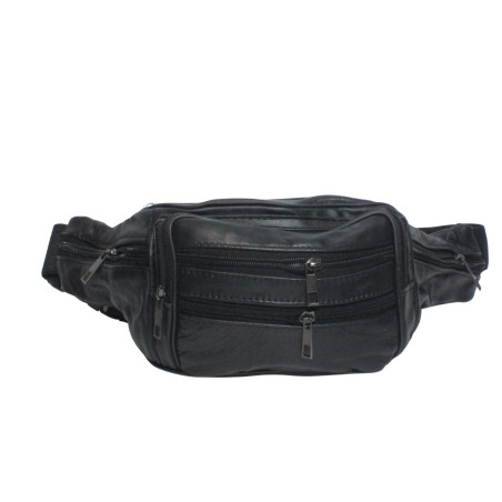 Sac banane cuir vachette noir – Grand format multi-fermetures