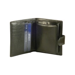 Porte monnaie porte carte noir fermé par un bouton pression.