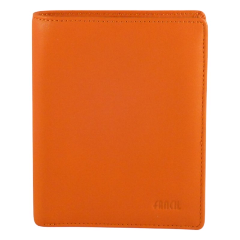 Portefeuille petit format de marque fancil en cuir vachette orange. Portefeuille petit format de marque fancil en cuir vachette orange.