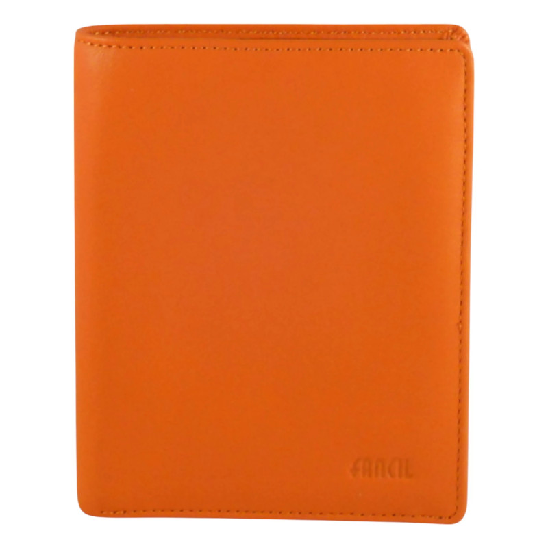 Portefeuille petit format de marque fancil en cuir vachette orange.